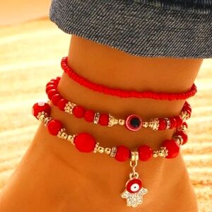 Red Beaded Anklet Set with Hamsa Charm